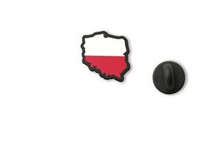 Mała wpinka przedstawia kontur mapy Polski wypełniony barwami narodowej flagi: białym i czerwonym