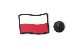 Elegancka przypinka typu pin z motywem polskiej flagi prezydenckiej została wykonana z czarnego, wytrzymałego tworzywa z trwałym nadrukiem