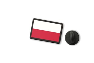 Przypinka flaga Polski to elegancki znaczek wykonany z czarnego tworzywa akrylowego, ozdobiony prostokątnym motywem biało‑czerwonej flagi