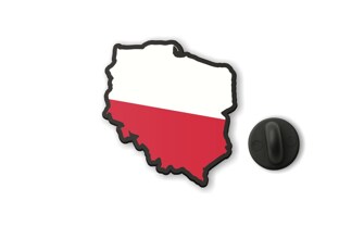 Przypinka w kształcie mapy Polski przedstawia zarys granic państwa wypełniony barwami narodowymi – białym i czerwonym
