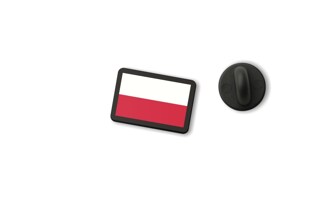 Mały znaczek z flagą Polski to elegancka przypinka wykonana z czarnego tworzywa akrylowego